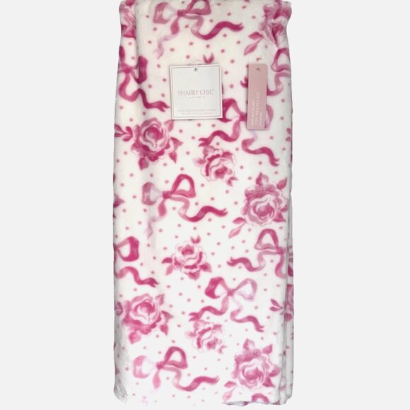 Shabby Chic Pink Floral Coquette Bow Roses Soft Microfleece Throw Blanket 50x60 - Picture 1 of 7